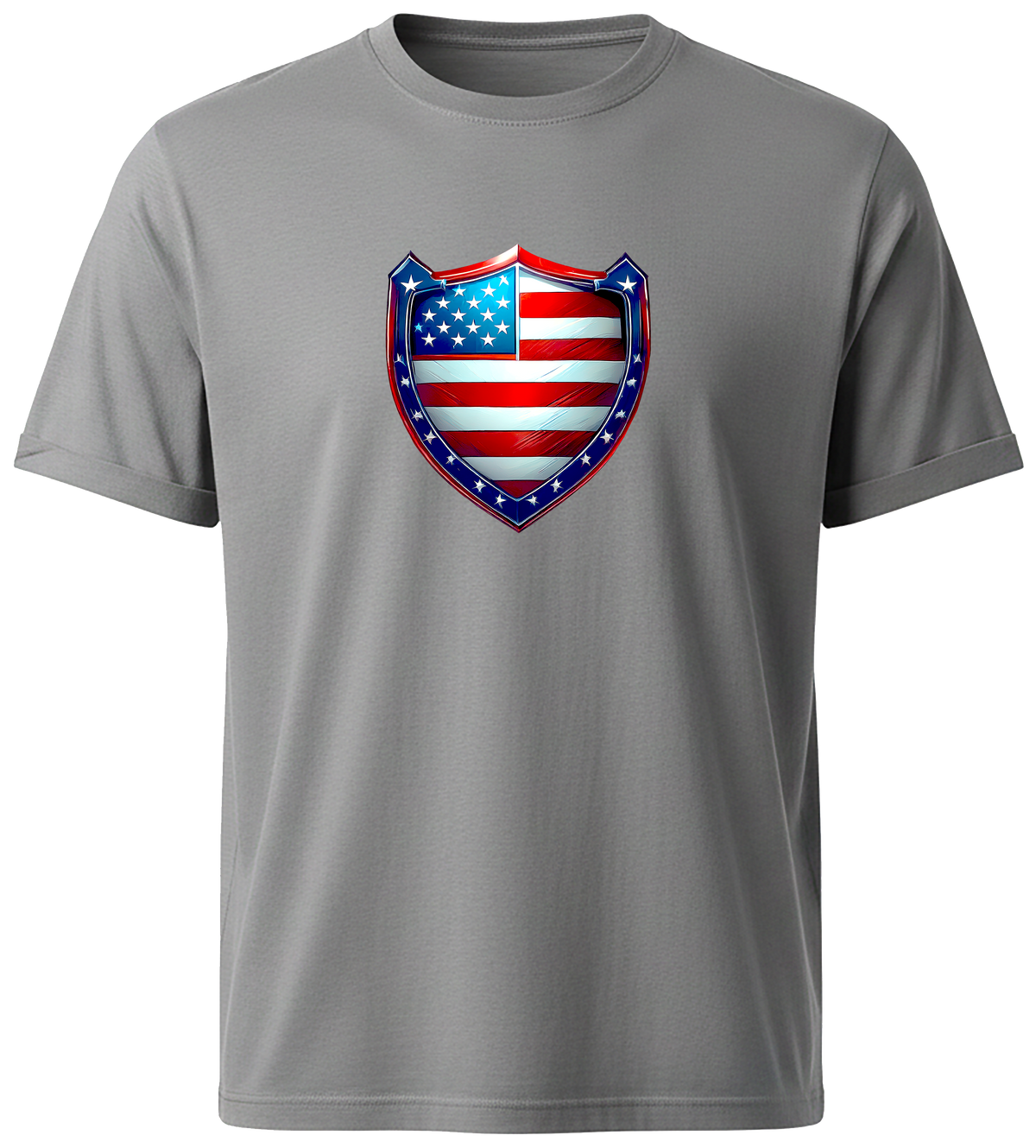 A gray ash short-sleeve crewneck t-shirt featuring a shield-shaped graphic on the chest with an American flag pattern in red, white, and blue.