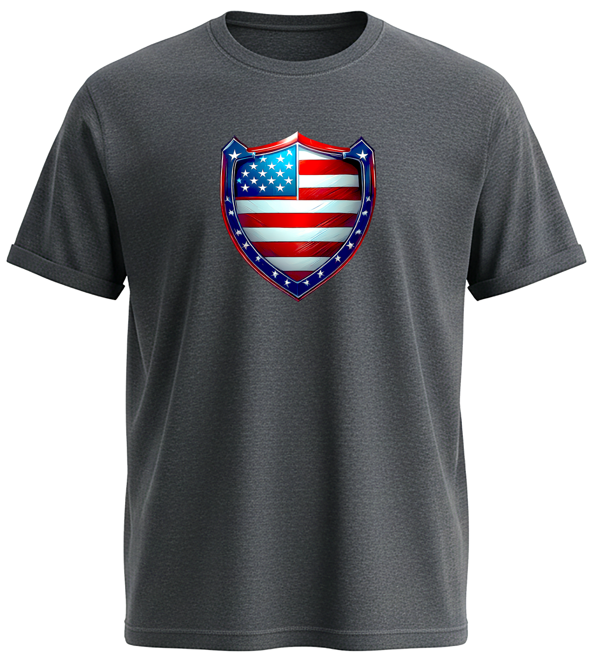 A dark graphite short-sleeve crewneck t-shirt featuring a red, white, and blue shield graphic on the chest with an American flag pattern.