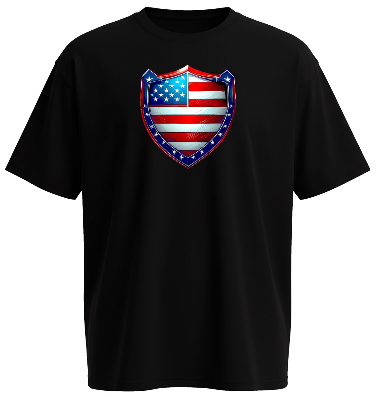A black short-sleeve crewneck t-shirt featuring a shield-shaped graphic on the chest with an American flag pattern in red, white, and blue.