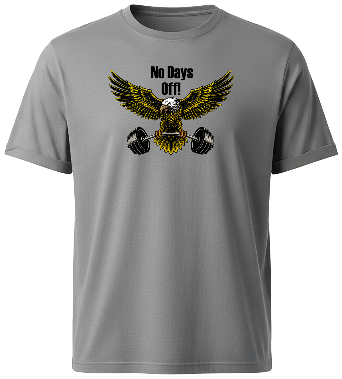 A ash short-sleeve crewneck t-shirt featuring a graphic of a bald eagle lifting a barbell with the text 'No Days Off!' printed above it.