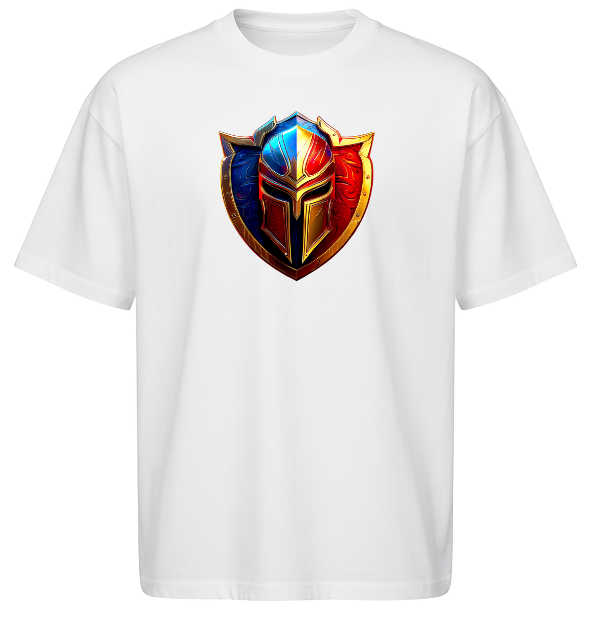 A white short-sleeve crewneck t-shirt featuring a large, colorful graphic of a shield with a helmet in the center. The graphic has a metallic gold border and is split vertically into blue on the left and red on the right.