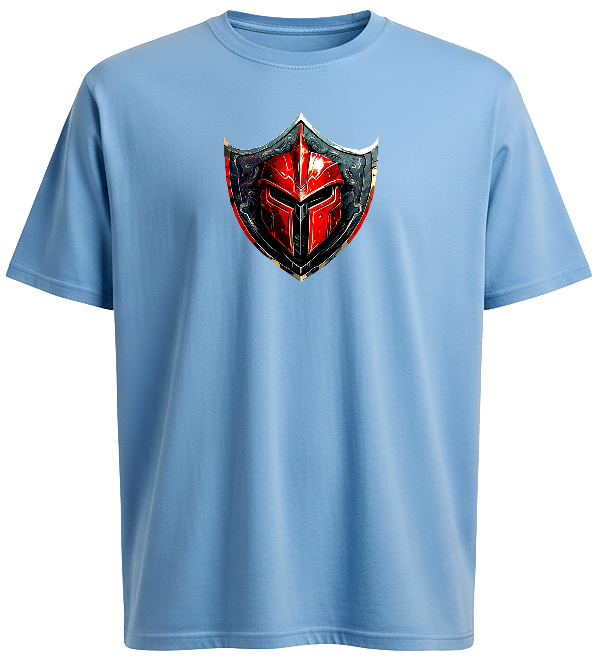 "Light blue short-sleeve crewneck t-shirt featuring the Crimson Vanguard graphic by 805 Shield Apparel."